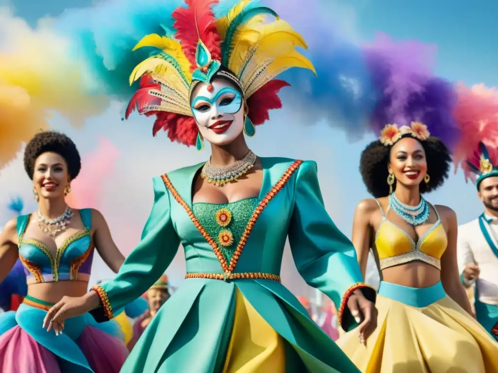 Desfile ecológico: Carnaval sostenible en Uruguay Deslumbrante moda sostenible en el Carnaval Uruguayo con trajes coloridos hechos de materiales reciclados