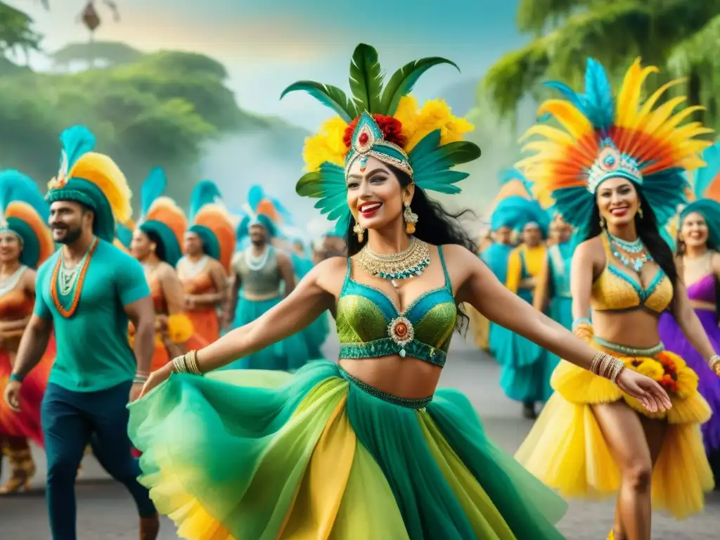 Vibrante Carnaval en Uruguay: murgas y comparsas ecológicas Deslumbrante ilustración acuarela de murgas y comparsas en Carnaval Uruguay: mensajes ecológicos integrados