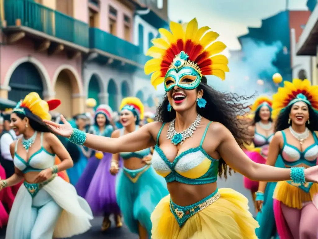 Carnaval en Uruguay: pintura acuarela vibrante Deslumbrante pintura acuarela de un animado desfile de Carnaval en Uruguay, mostrando coloridos trajes y máscaras