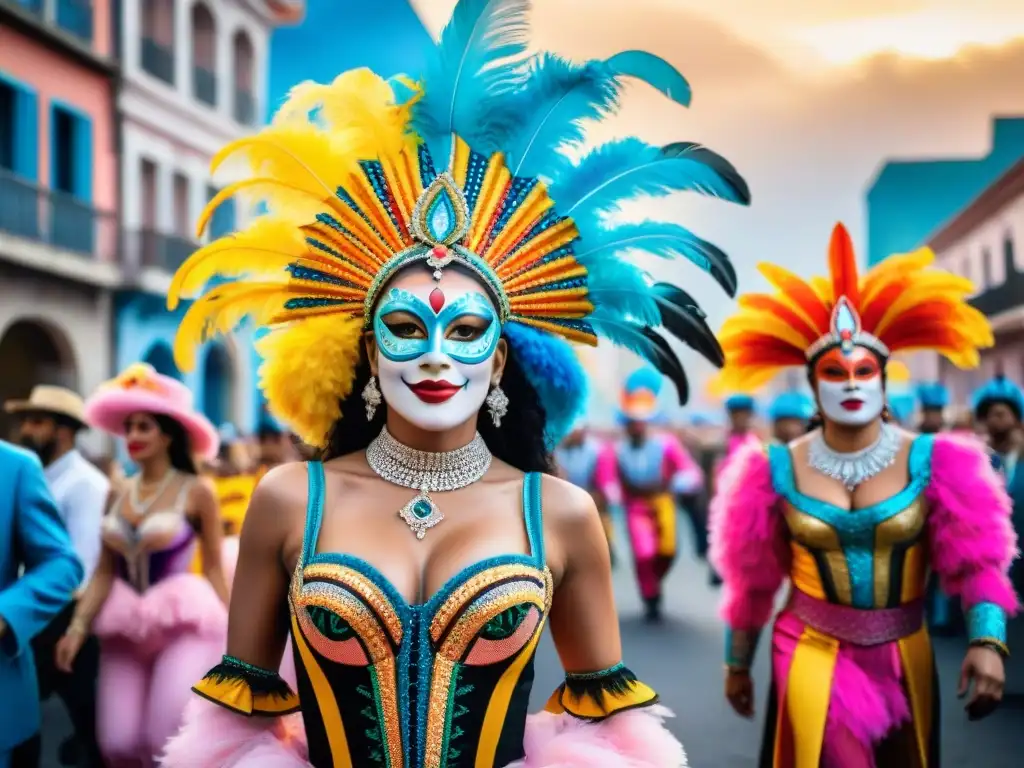 Colorido desfile de carnaval en Uruguay: arte acuarela Deslumbrante pintura acuarela del Carnaval Uruguayo, resaltando la herencia cultural y tradiciones festivas