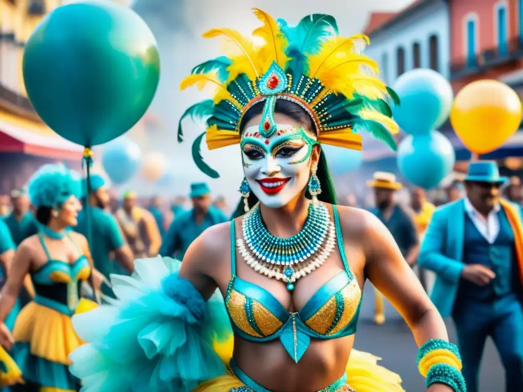 Desfile vibrante en el Carnaval Uruguayo: colores y alegría Deslumbrante pintura acuarela del Carnaval Uruguayo con colaboraciones internacionales y desfile colorido