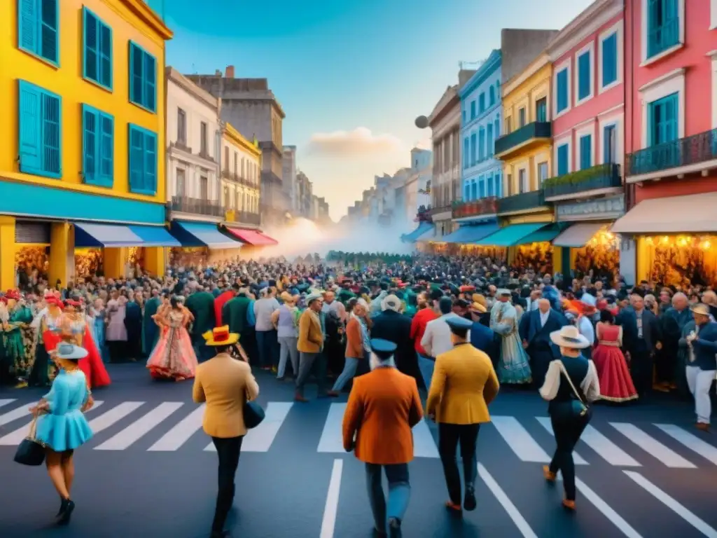 Carnaval en Montevideo: Pintura acuarela de fiesta colorida Deslumbrante pintura acuarela de Carnaval en Montevideo con floats coloridos y bailarines vibrantes