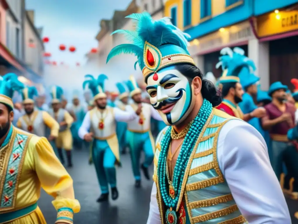 Pintura acuarela del Carnaval de Uruguay: colorida celebración Deslumbrante pintura acuarela del Carnaval en Uruguay, con detalles de disfraces y música tradicional