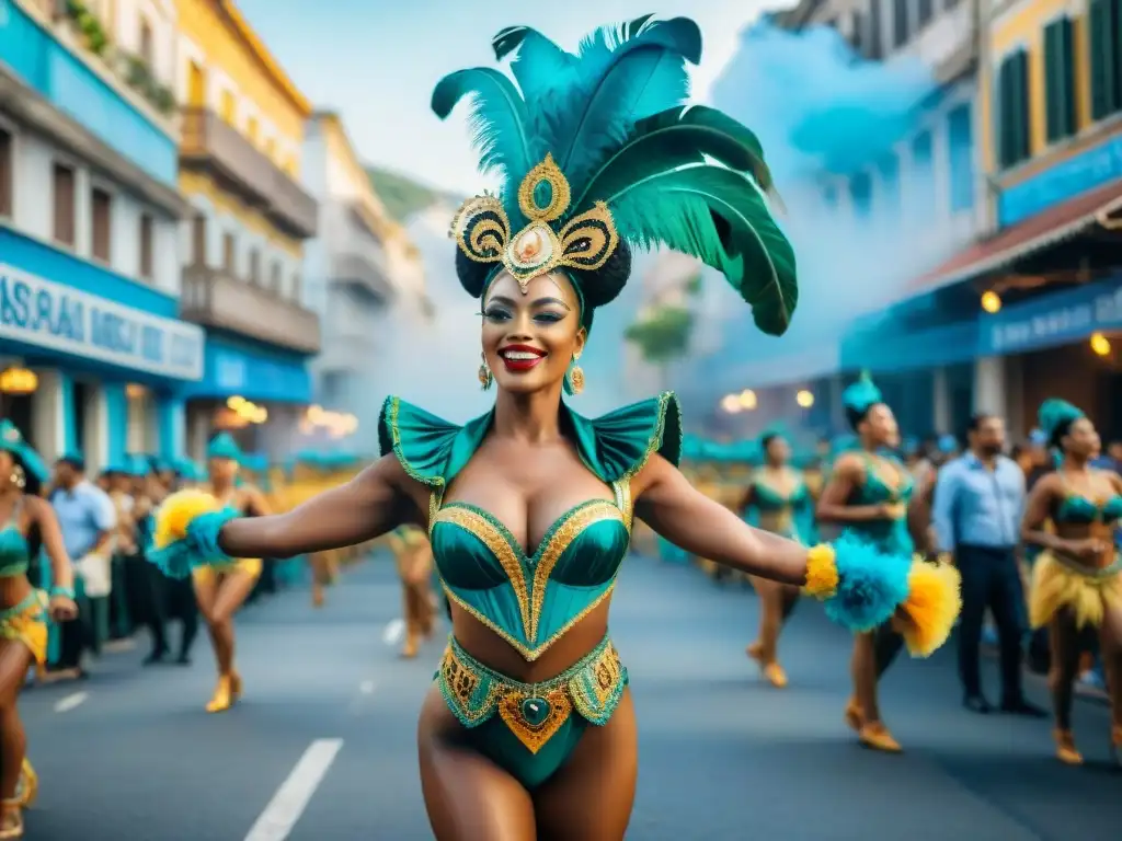 Street artístico en Río: Carnaval vibrante Deslumbrante pintura acuarela de Carnaval en Río de Janeiro, con coloridos desfiles y espectadores emocionados, capturando la esencia festiva