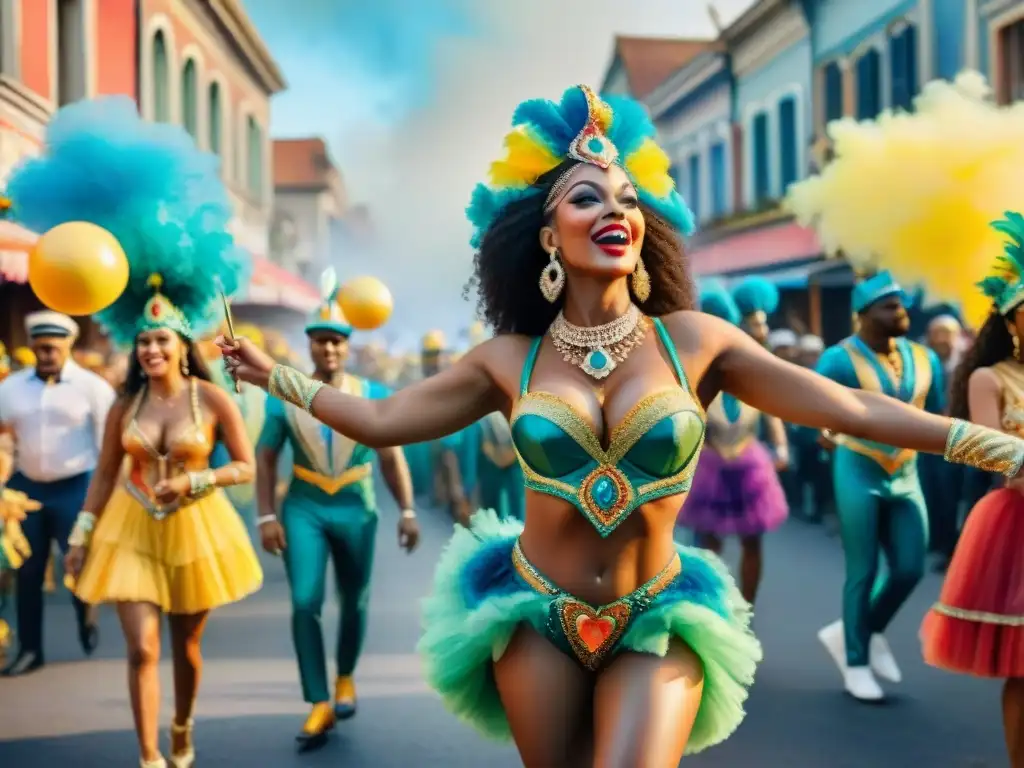 Deslumbrante pintura acuarela de Carnaval con carros alegóricos, bailarines y espectadores entusiastas