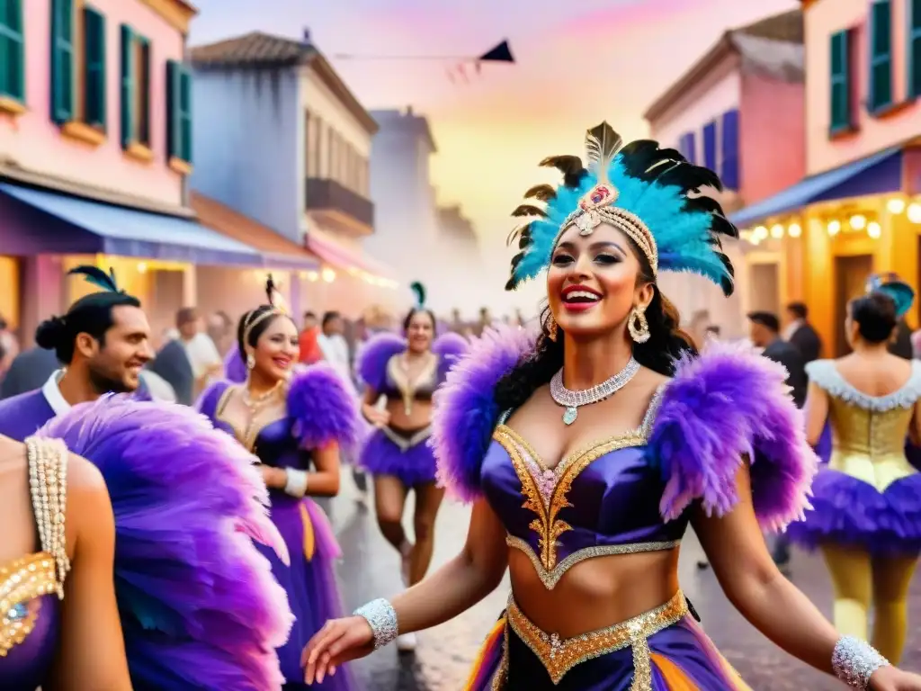 Esencia del Carnaval Uruguayo: Baile, Color y Alegría Deslumbrante pintura acuarela de Carnaval en Uruguay con bailarines coloridos y edificios coloniales, ideal para hoteles Carnaval Uruguay reserva