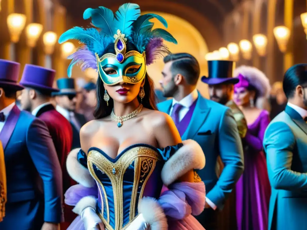 Bello baile de Carnaval en Uruguay Deslumbrante pintura acuarela del lujoso Carnaval Uruguayo, con elegantes asistentes enmascarados y trajes extravagantes