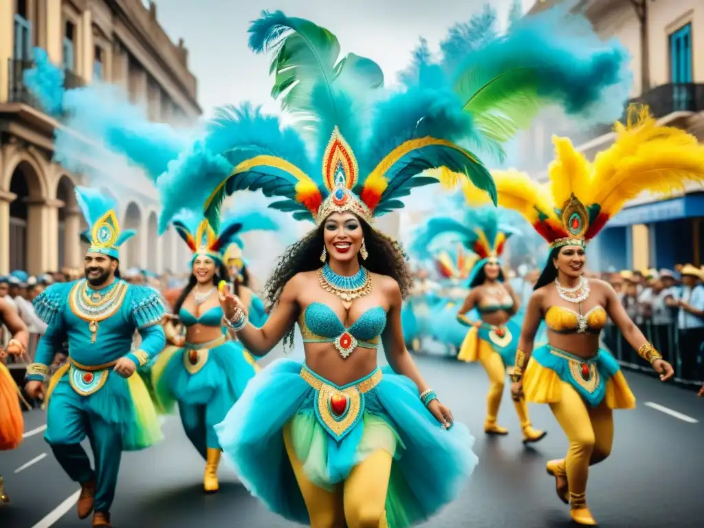 Deslumbrante Carnaval en Uruguay: pintura acuarela vibrante Deslumbrante pintura acuarela del vibrante Carnaval en Uruguay, con bailarines y carrozas coloridas