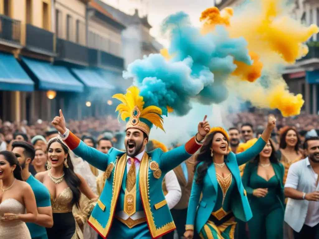 Desfile vibrante: Carnaval Uruguayo en acuarela 8k Deslumbrante pintura acuarela 8k del Carnaval Uruguayo con trajes de diseñadores contemporáneos