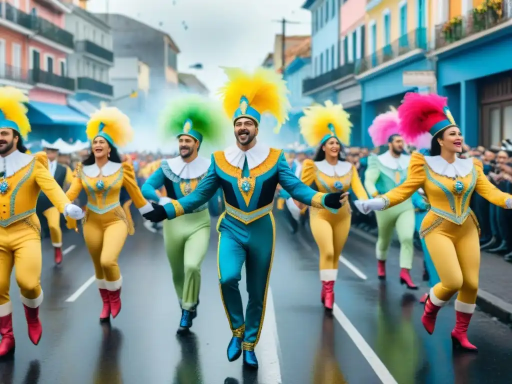 Deslumbrante pintura acuarela de carnaval en Uruguay Deslumbrante pintura acuarela detallada de bailarines de carnaval en Uruguay, con espectadores y confeti