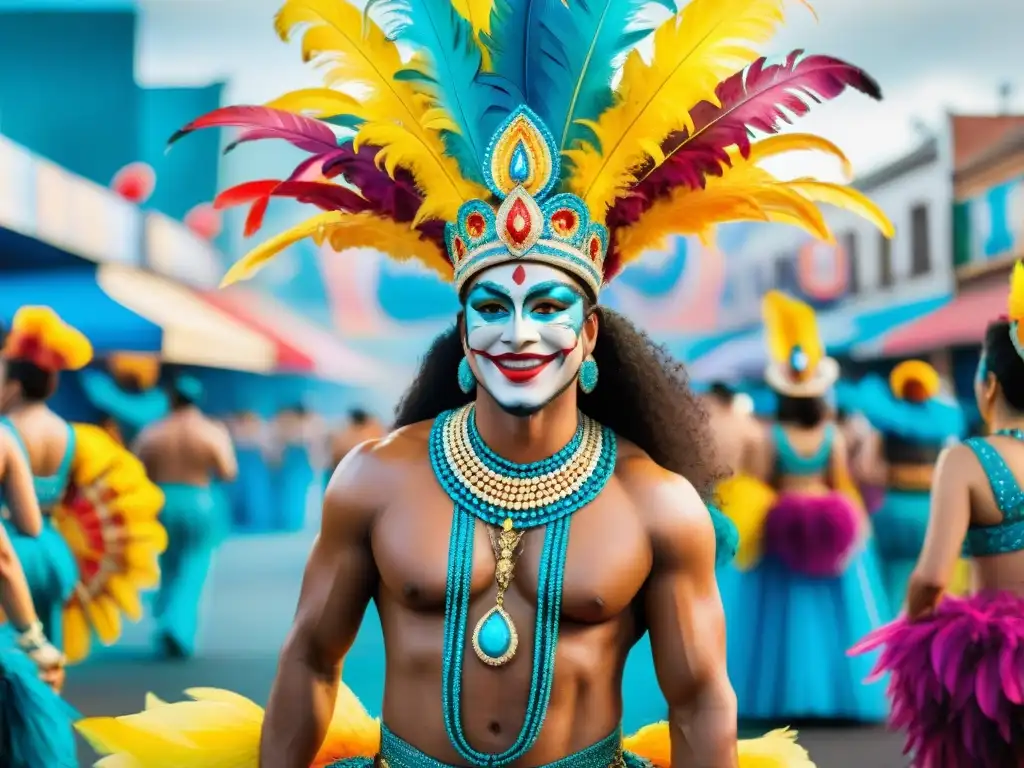 Deslumbrante traje de carnaval uruguayo en acuarela Deslumbrante vestuario de Carnaval uruguayo resalta la importancia del vestuario en Carnaval con plumas, lentejuelas y coloridos detalles