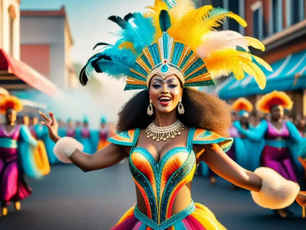 Desfile vibrante de parodistas en trajes detallados Deslumbrante evolución del vestuario de parodistas en el carnaval