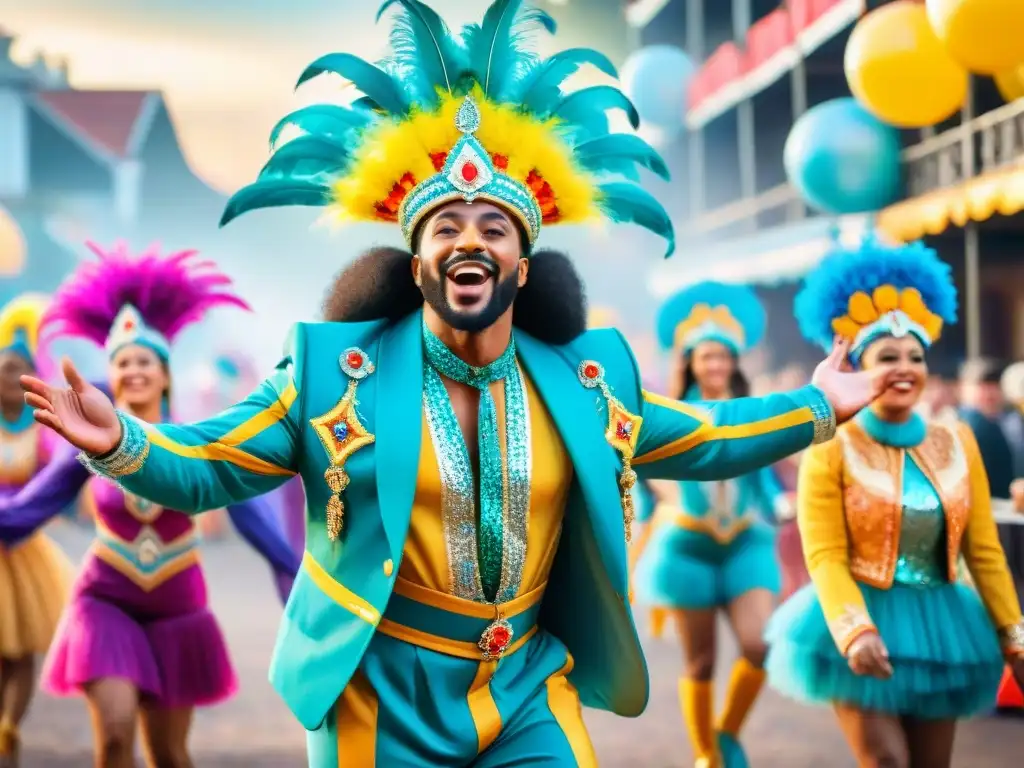 Desfile de Parodistas: Colorida celebración carnavalesca Deslumbrante evolución del vestuario parodistas carnaval en vibrante ilustración acuarela