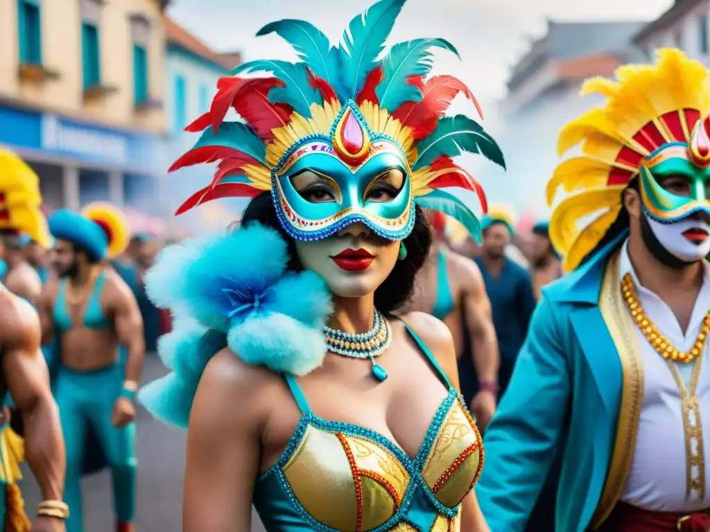 Vibrante Carnaval en Uruguay: Detalles acuarela Deslumbrante ilustración acuarela del vibrante Carnaval Uruguayo con máscaras elaboradas, danzarines y espectadores animados