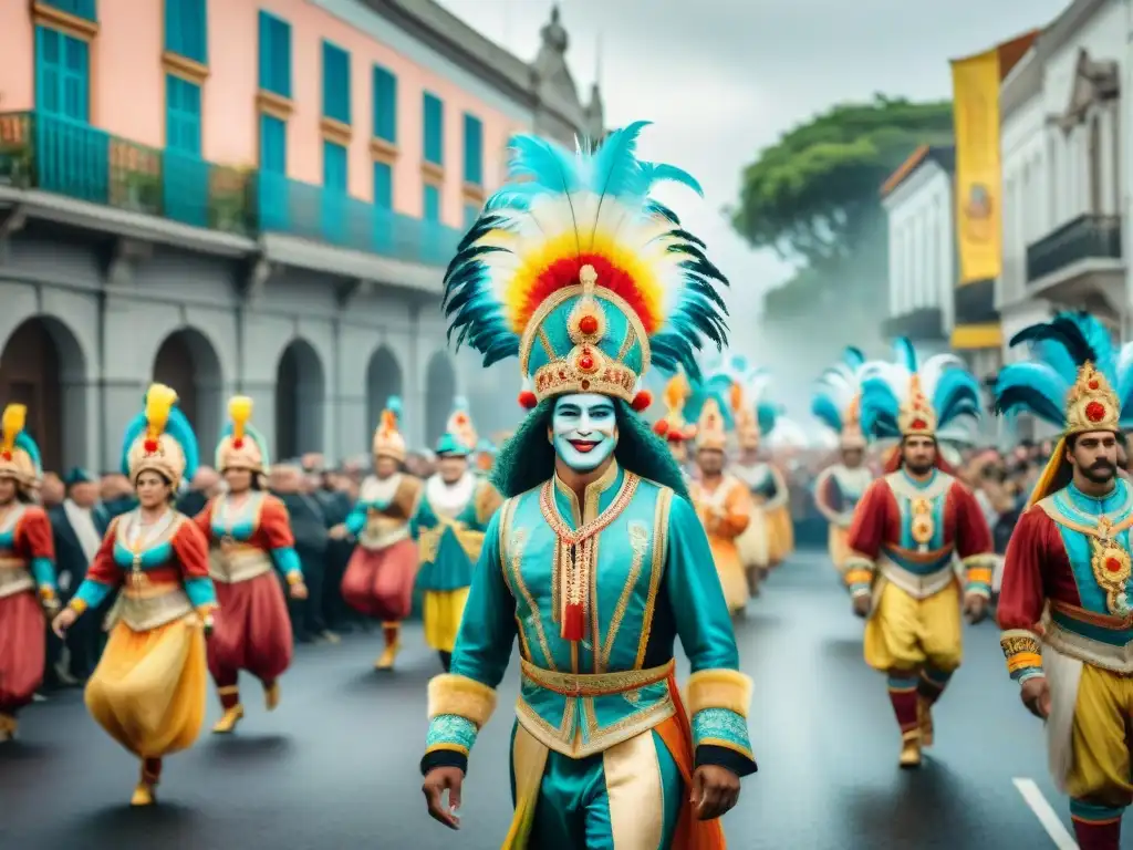 Desfile de Carnaval en Uruguay: acuarela vibrante y festiva Deslumbrante ilustración acuarela del vibrante Carnaval Uruguayo, reflejando la sostenibilidad y la huella ambiental