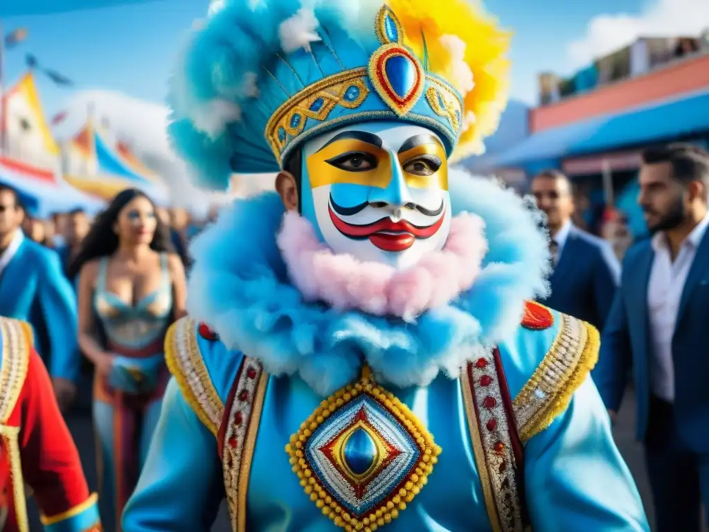 Carnaval uruguayo: detallada ilustración acuarela de desfile vibrante Deslumbrante ilustración acuarela del vibrante desfile de carnaval en Uruguay, con carros alegóricos, bailarines y multitudes bajo un cielo azul