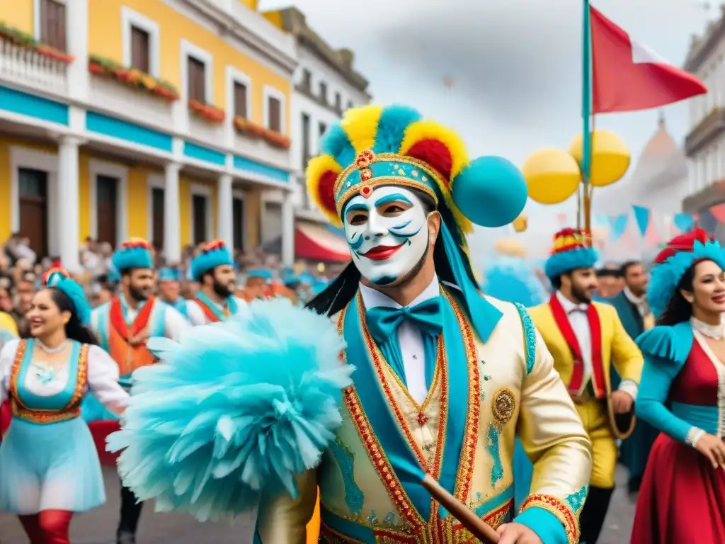 Deslumbrante desfile de carnaval uruguayo Deslumbrante ilustración acuarela del vibrante desfile del carnaval uruguayo, con bailarines y músicos en trajes elaborados y carrozas coloridas