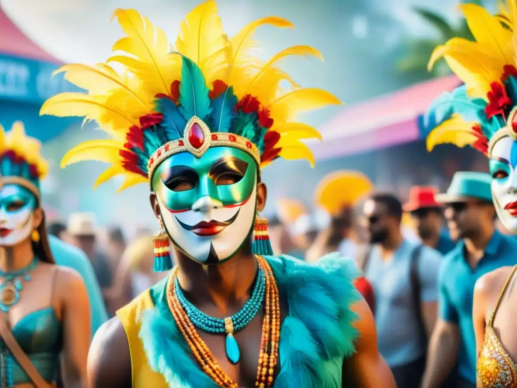 Deslumbrante desfile de Carnaval con atuendos coloridos y originales Deslumbrantes accesorios originales para Carnaval en vibrante ilustración acuarela