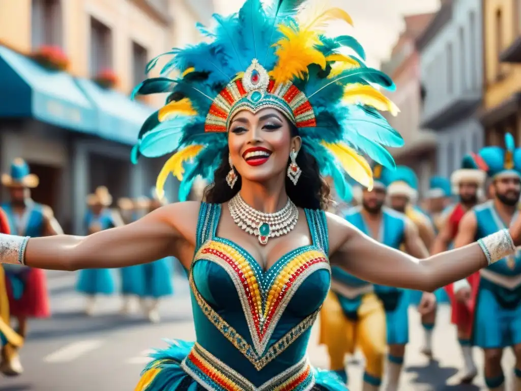 Deslumbrante baile de carnaval uruguayo: color y energía Deslumbrantes bailarines en el Carnaval de Uruguay