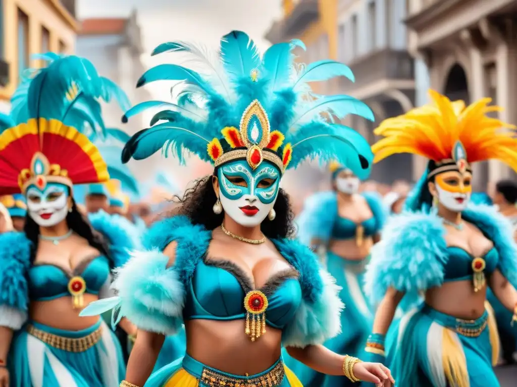 Deslumbrante baile de Carnaval en Uruguay Deslumbrantes bailarines en trajes de Carnaval Uruguayo desafían al preservar tradiciones