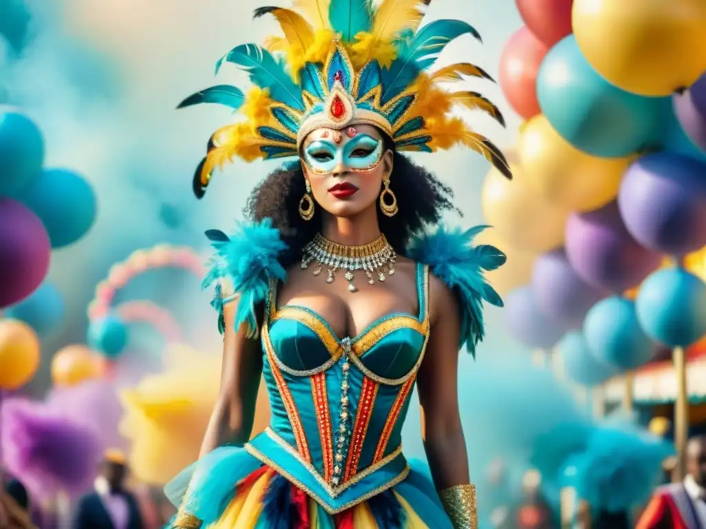 Deslumbrantes trajes de carnaval en acuarela Deslumbrantes paletas de colores para Carnaval: trajes festivos en acuarela con detalles vibrantes y fondo animado