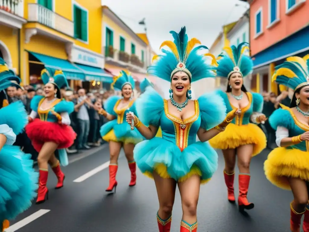 Deslumbrante Carnaval Uruguayo: Parodistas en acción Deslumbrantes parodistas uruguayos en el Carnaval, revisten el impacto de la festividad
