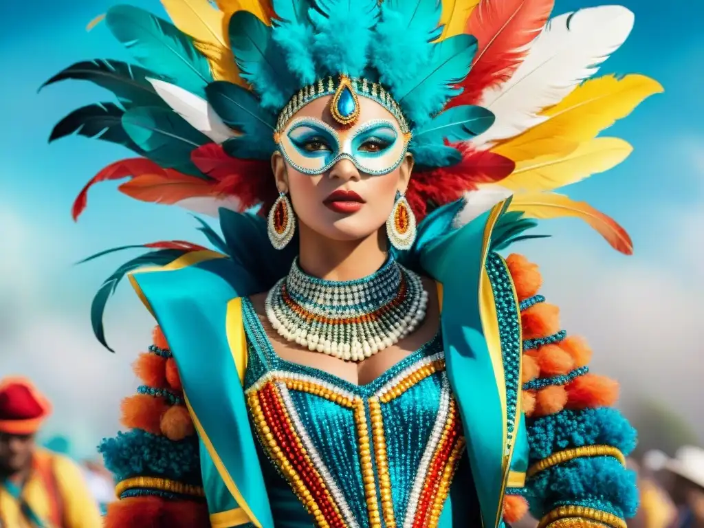 Trajes de Carnaval Ecofriendly: Detalles en Watercolor Deslumbrantes trajes de carnaval uruguayo hechos con materiales reciclados, mostrando creatividad y sostenibilidad