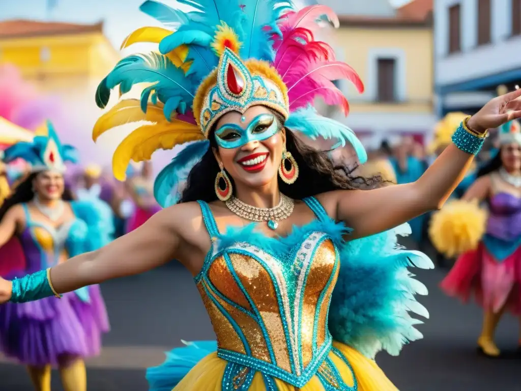 Carnaval de Uruguay: Coloridas y Alegres Vestimentas Deslumbrantes trajes del Carnaval Uruguayo: plumas, lentejuelas y colores vibrantes en una fiesta alegre