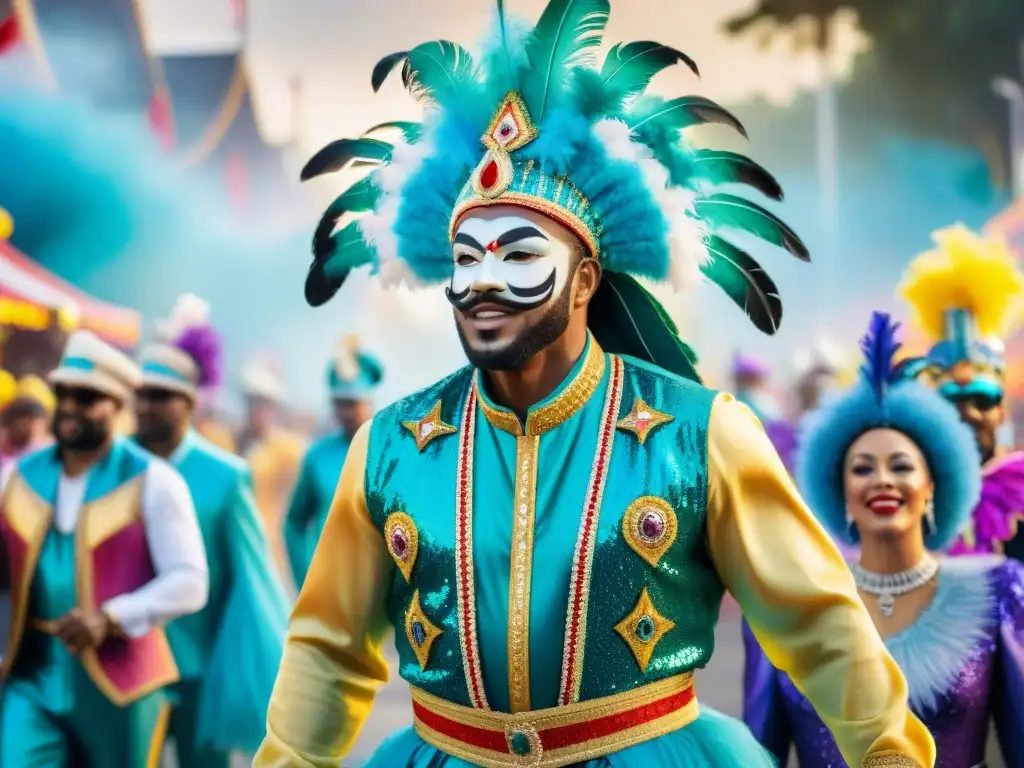 Deslumbrante carnaval: artistas en trajes coloridos y vibrantes Deslumbrantes trajes de Carnaval en vibrante ilustración acuarela