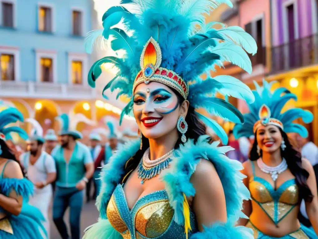 Deslumbrantes vedettes uruguayas en trajes brillantes y coloridos desfilan en el Carnaval