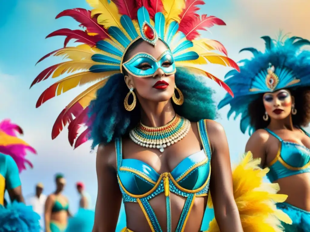 Baile de Carnaval: Fusión de Moda y Tradición en Uruguay Un despliegue vibrante de bailarines en trajes de Carnaval con influencia de redes sociales y diseño único