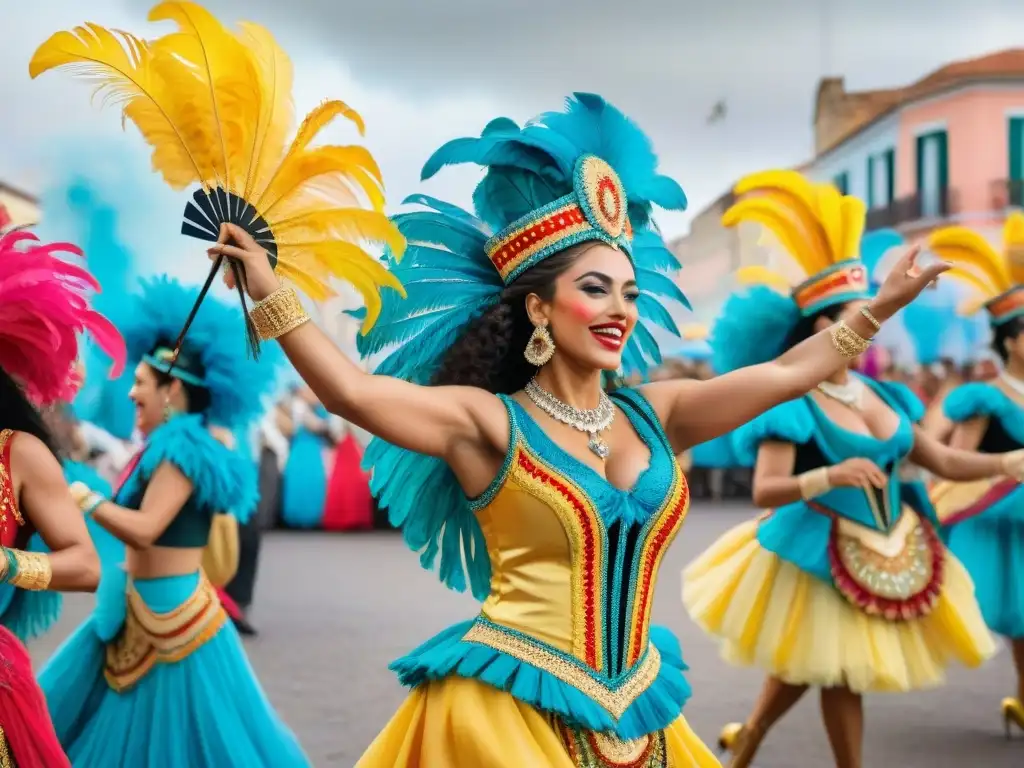Baile folclórico uruguayo: colores y tradición Un despliegue vibrante de bailarines en trajes de Carnaval Uruguayo significativos