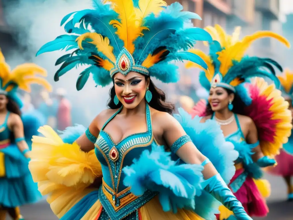 Vibrante baile de carnaval uruguayo en acuarela Un despliegue vibrante de diseñadores trajes Carnaval Uruguayo historias en una ilustración acuarela llena de energía y color