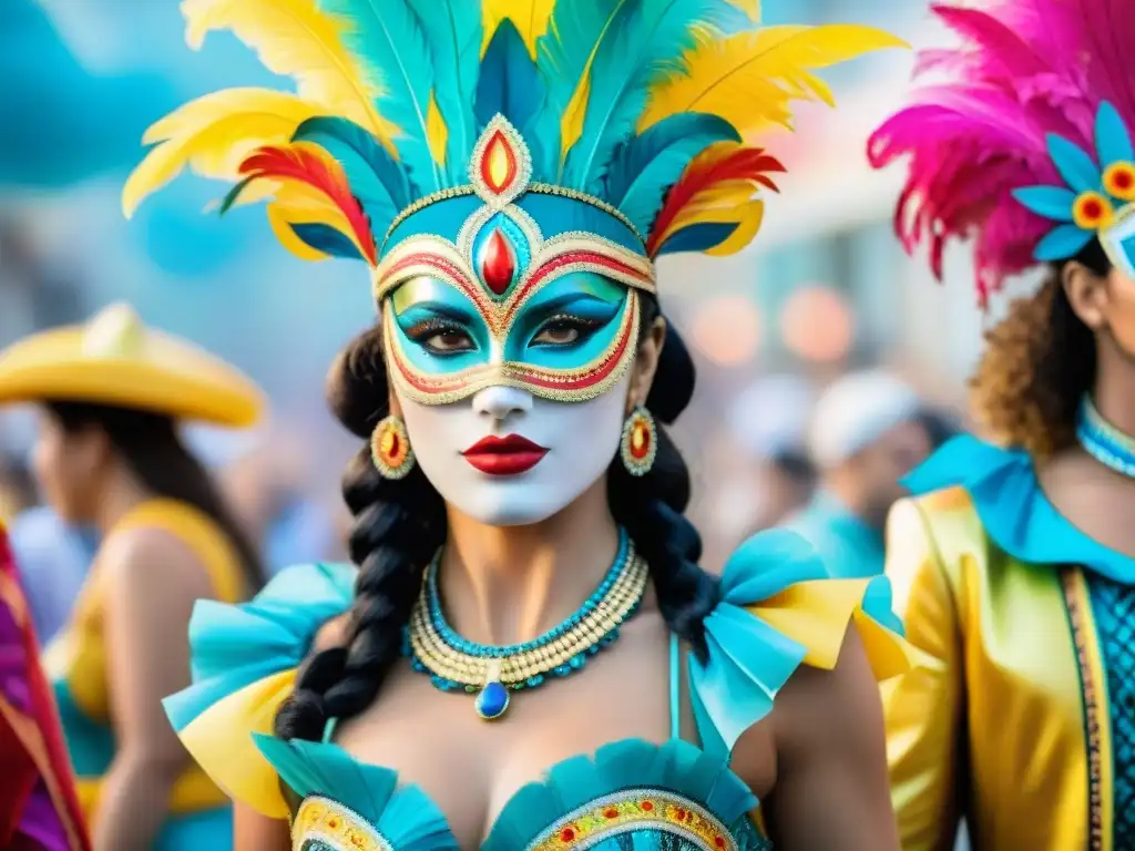 Trajes de Carnaval sostenibles: tradición y creatividad en Uruguay Un despliegue vibrante de trajes de Carnaval uruguayos fusionando tradiciones sostenibles
