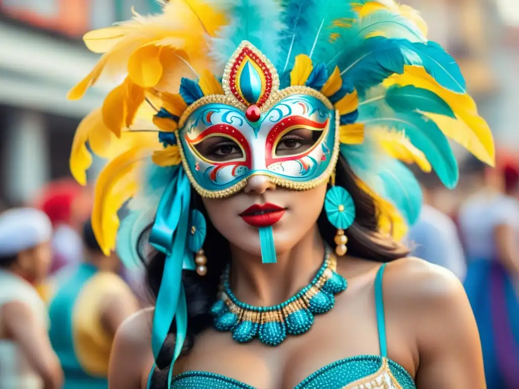 Carnaval uruguayo: Máscaras y accesorios vibrantes Detallada ilustración de acuarela de Accesorios Carnaval Uruguayo destacados, en vibrante desfile colorido