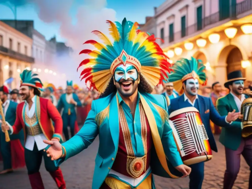 Vibrante murga uruguaya en acuarela Ilustración detallada en acuarela de una animada actuación de murga durante el carnaval de Uruguay
