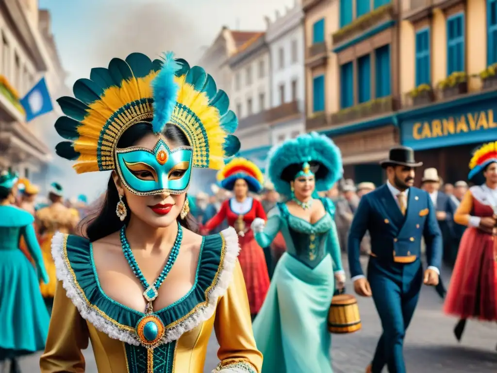 Acuarela detallada: Carnaval Uruguayo vibrante y alegre Una detallada acuarela del bullicioso Carnaval Uruguayo, con colores vibrantes, máscaras intricadas y expresiones alegres, capturando la historia del Carnaval Uruguayo en imágenes