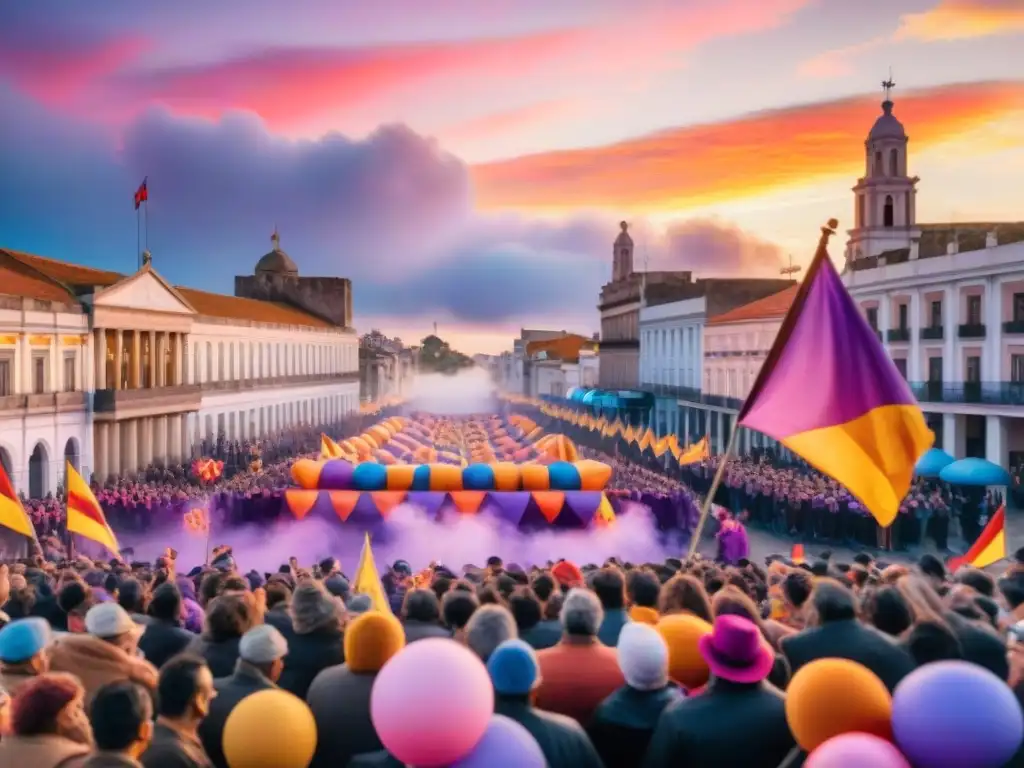 Vibrante escena de murgueros en Carnaval de Uruguay Detallada acuarela de carnaval en Uruguay con murgueros y paisajes políticos