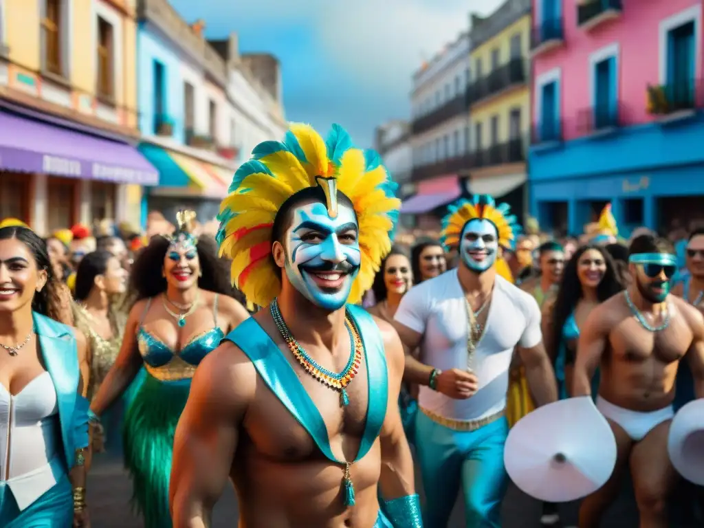 Celebración inclusiva en el Carnaval de Uruguay Ilustración detallada en acuarela del Carnaval Uruguayo con impacto social de agrupaciones LGBT+ celebrando juntas