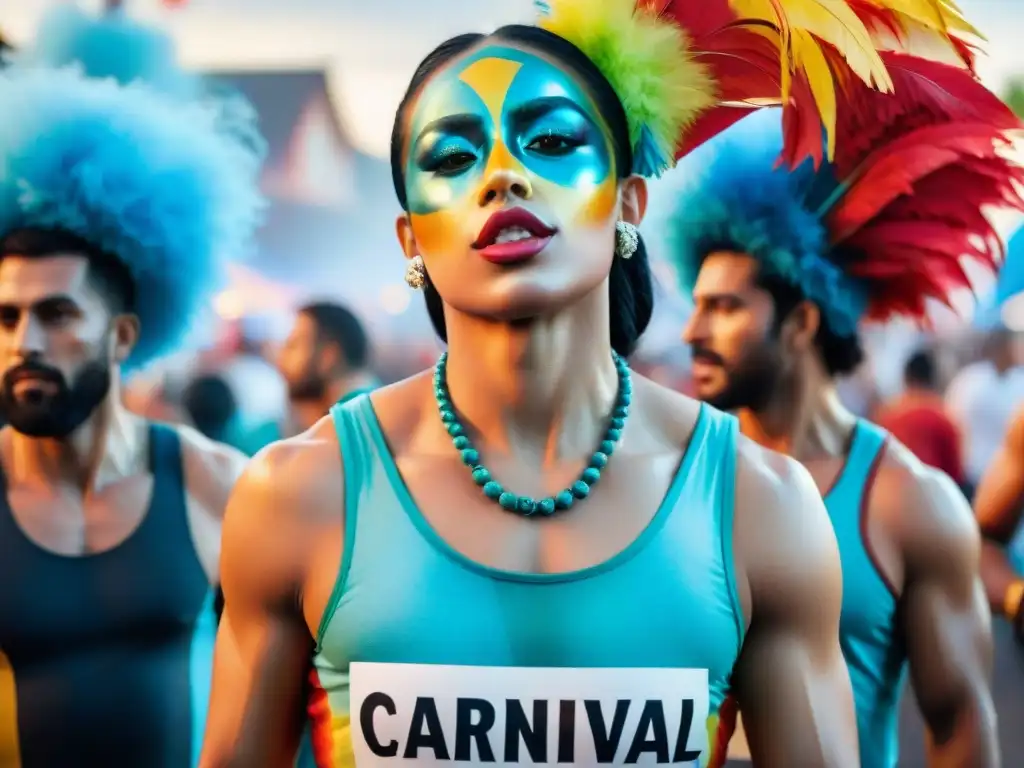 Ilustración acuarela de carnaval uruguayo con señales de deshidratación Ilustración detallada en acuarela de un Carnaval Uruguayo vibrante, resaltando la prevención de deshidratación