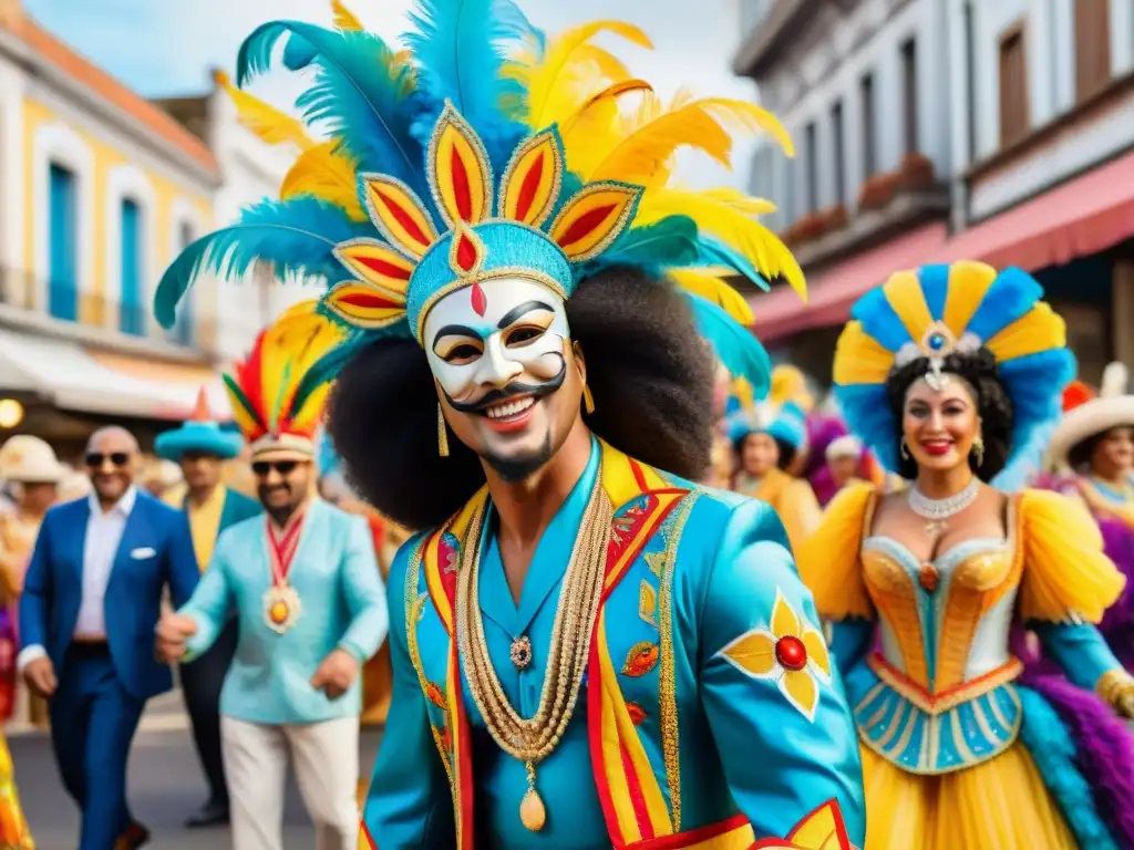 Ilustración detallada en acuarela de la evolución de la inclusión en el Carnaval Uruguayo, con diversidad y alegría