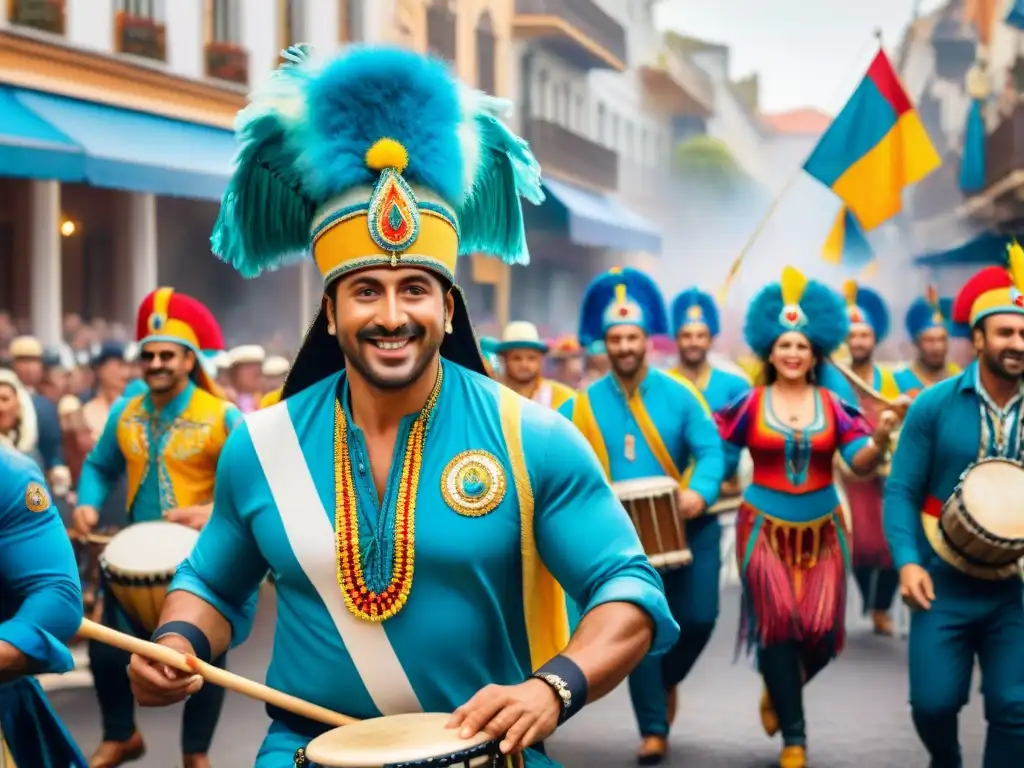 Comparsa vibrante en Carnaval uruguayo Detallada acuarela de comparsa vibrante y festiva del Carnaval Uruguayo, con músicos y bailarines