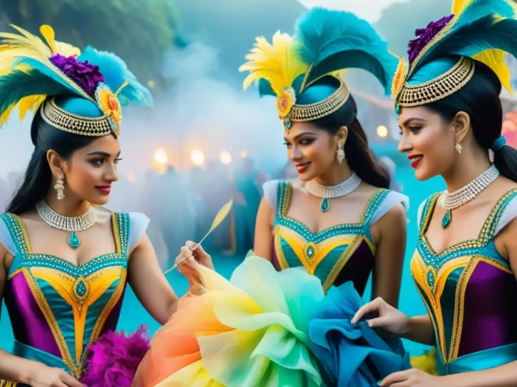 Arte y color en el Carnaval: Conservadores de trajes uruguayos Detallada acuarela de Conservadores de trajes en Carnaval Uruguayo cosiendo diseños intrincados en trajes vibrantes