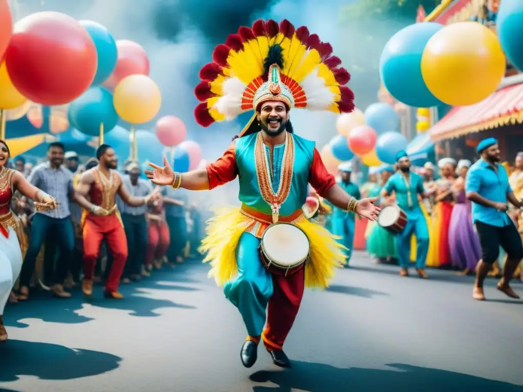 Murga colorida en carnaval: pintura acuarela animada Detallada acuarela de escena callejera en carnaval con grupo de murga, espectadores y músicos, capturando la esencia de la alegría y la música