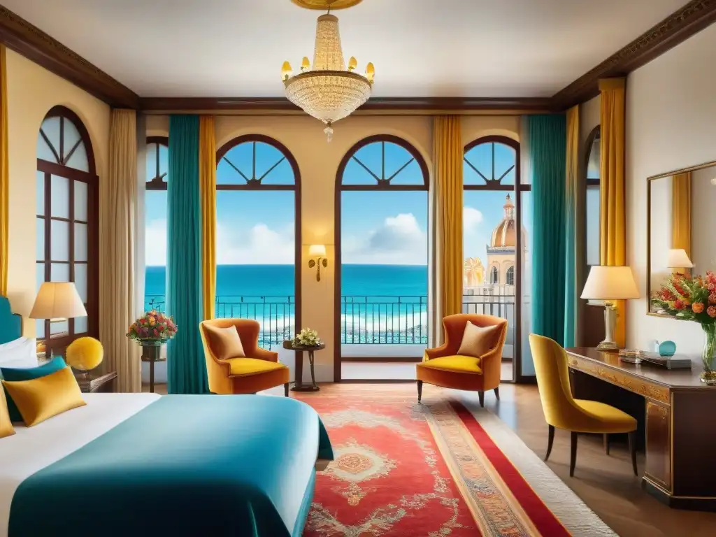 Suite de lujo en Carnaval de Uruguay: ilustración acuarela ultra detallada Ilustración detallada en acuarela de suites exclusivas durante el Carnaval Uruguayo