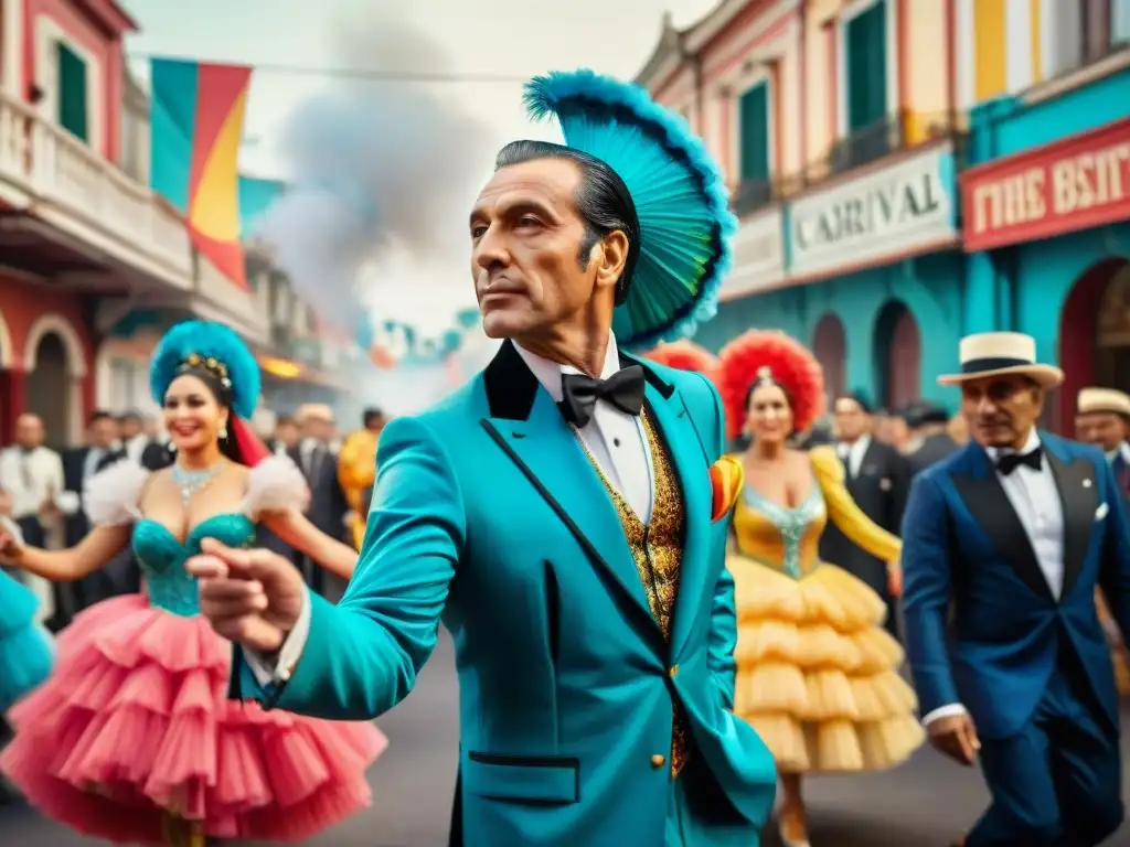 Tango y Carnaval: Julio Sosa en la fiesta uruguaya Ilustración detallada en acuarela de Julio Sosa entre elementos vibrantes del Carnaval Uruguayo