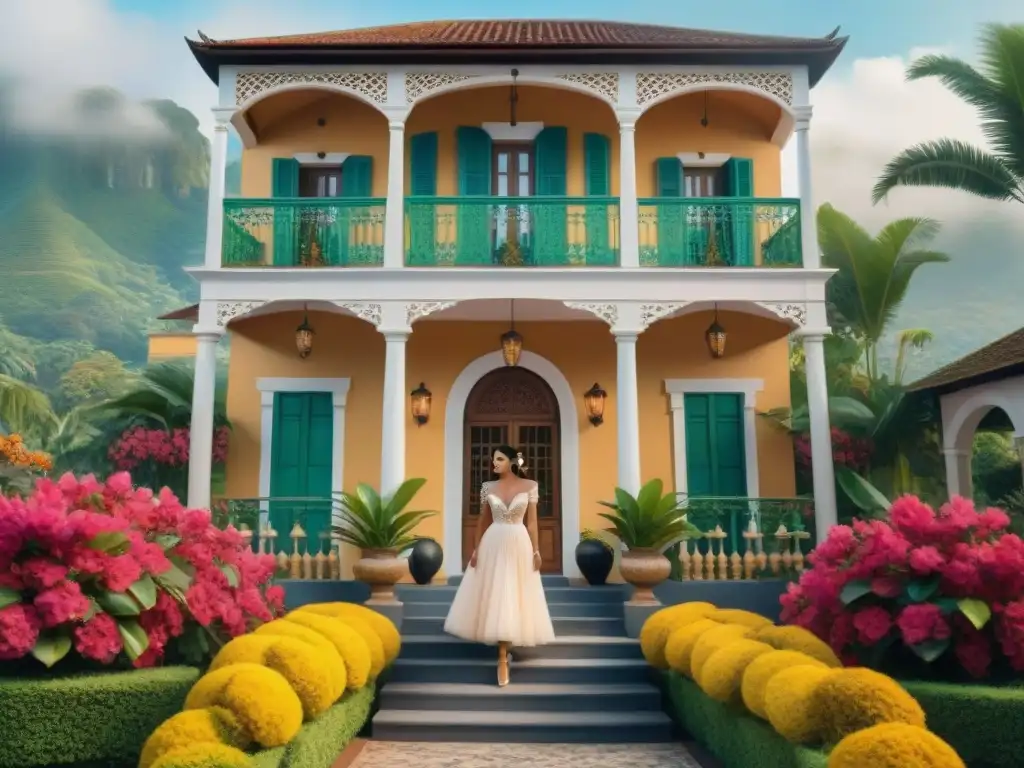 Villa colonial brasileña en Carnaval: lujo y tradición Detallada acuarela de una lujosa villa colonial brasileña entre exuberante vegetación tropical, decorada para Carnaval