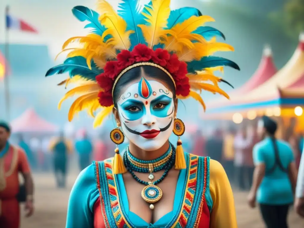 Murgueros uruguayos: tradición y arte en vivo Detallada acuarela de murgueros uruguayos con maquillaje vibrante y expresivo en un ambiente festivo de carnaval