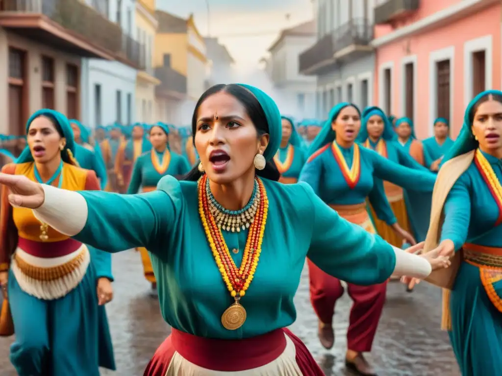 Murga resistente: vibrante baile y canto durante la dictadura en Uruguay Ilustración detallada en acuarela 8k de murguistas en Uruguay desafiando la dictadura