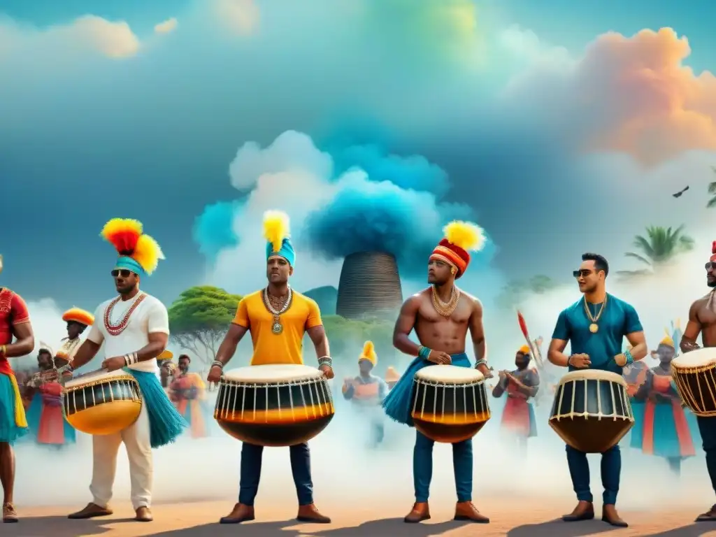 Drummers de candombe en la era digital: fusión de tradición y modernidad Ilustración detallada en acuarela de paisaje digital con tamborileros de candombe en redes sociales